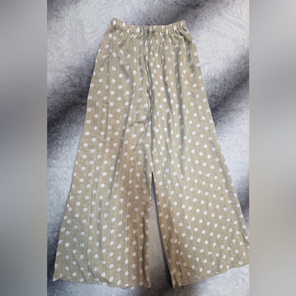 Pretty Little Thing Tan Taupe White Polka Dot Wide Leg Palazzo Pants‎ 2 (A4)